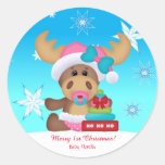 Baby&#39;s 1st Christmas Moose Cute Funny Classic Round Sticker at Zazzle
