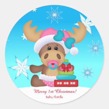 Baby's 1st Christmas Moose Cute Funny Classic Round Sticker by BabyDelights at Zazzle
