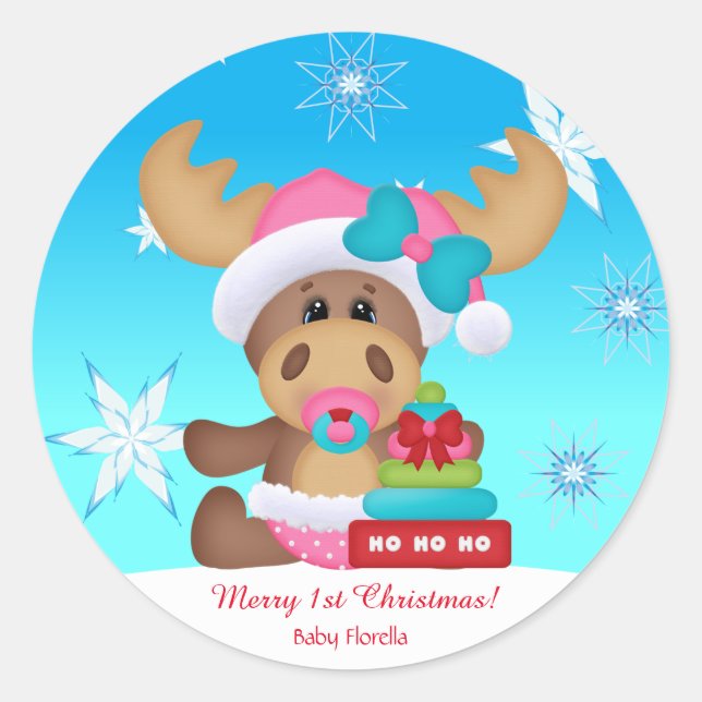 Baby's 1st Christmas Moose Cute Funny Classic Round Sticker (Front)