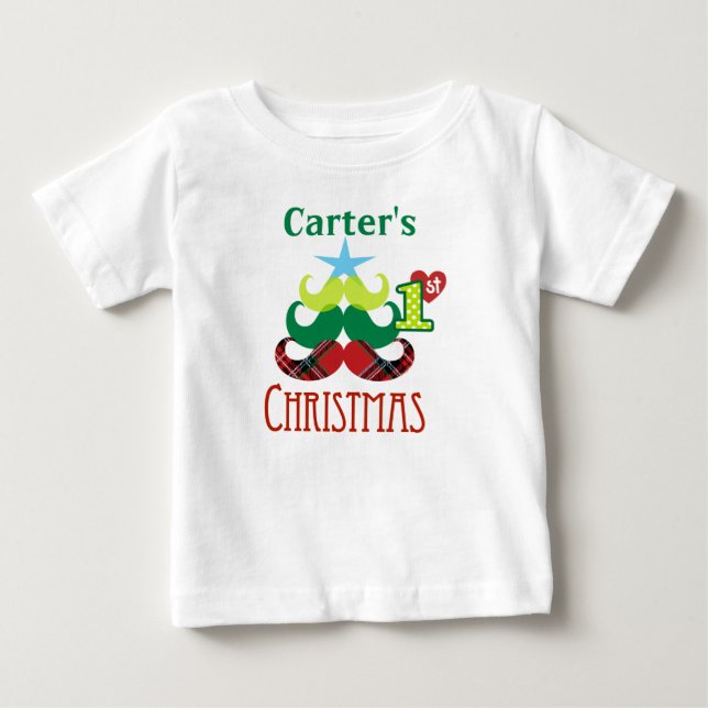 Baby's 1st Christmas Mustache Tree Tshirt (Front)