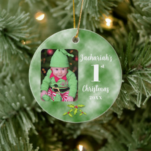 Baby's 1st Christmas One Photo Round Ceramic Ornament