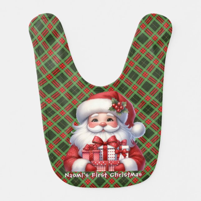 Baby's 1st Christmas Personalize Name Santa Claus Baby Bib (Front)