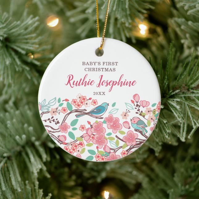 Baby's 1st Christmas Personalized Cute Birds Ceramic Ornament (Tree)