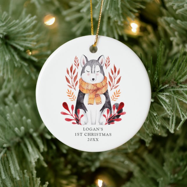 Baby's 1st Christmas Personalized Wolf Dog Husky Ceramic Ornament (Tree)