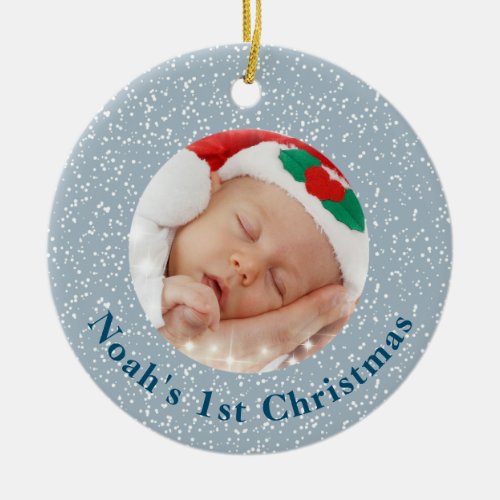 Babys 1st Christmas Photo Blue with White Snow Ceramic Ornament