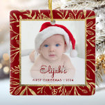 Babys 1st Christmas Photo Burgundy Gold Foliage Ceramic Ornament<br><div class="desc">Celebrate baby's first Christmas with this beautiful keepsake ornament. Easily replace the sample image with your own favorite photo and customize it with baby's name in burgundy red script font and the year below. A white gradient screen helps make the text pop. The photo is set off by an elegant...</div>