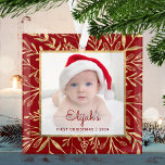 Babys 1st Christmas Photo Burgundy Gold Foliage Glass Ornament<br><div class="desc">Celebrate baby's first Christmas with this beautiful keepsake ornament. Easily replace the sample image with your own favorite photo and customize it with baby's name in burgundy red script font and the year below. A white gradient screen helps make the text pop. The photo is set off by an elegant...</div>