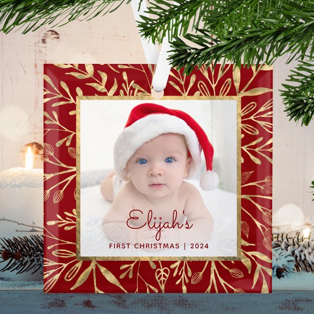 Babys 1st Christmas Photo Burgundy Gold Foliage Glass Ornament (Creator Uploaded)