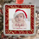 Babys 1st Christmas Photo Burgundy Gold Foliage Metal Ornament<br><div class="desc">Celebrate baby's first Christmas with this beautiful keepsake ornament. Easily replace the sample image with your own favorite photo and customize it with baby's name in burgundy red script font and the year below. A white gradient screen helps make the text pop. The photo is set off by an elegant...</div>