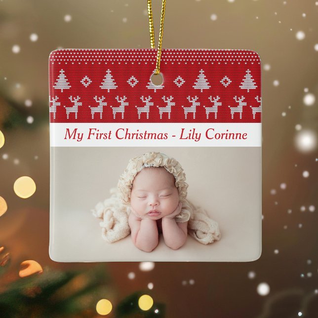 Baby's 1st Christmas Photo Cute Red Reindeer Ceramic Ornament (Creator Uploaded)