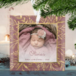 Babys 1st Christmas Photo Dusty Rose Gold Foliage Glass Ornament<br><div class="desc">Celebrate baby's first Christmas with this beautiful keepsake ornament. Easily replace the sample image with your own favorite photo and customize it with baby's name in dusty rose script font and the year below. A white gradient screen helps make the text pop. The photo is set off by an elegant...</div>