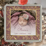 Babys 1st Christmas Photo Dusty Rose Gold Foliage Metal Ornament<br><div class="desc">Celebrate baby's first Christmas with this beautiful keepsake ornament. Easily replace the sample image with your own favorite photo and customize it with baby's name in dusty rose script font and the year below. A white gradient screen helps make the text pop. The photo is set off by an elegant...</div>