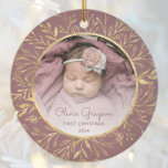 Babys 1st Christmas Photo Dusty Rose Gold Round Ceramic Ornament<br><div class="desc">Celebrate baby's first Christmas with this beautiful keepsake ornament. Easily replace the sample image with your own favorite photo and customize it with baby's name in dusty rose script font and the year below. A white gradient screen helps make the text pop. The photo is set off by an elegant...</div>