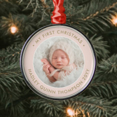 Baby's 1st Christmas Photo Girly Blush Pink & Gold Metal Ornament at Zazzle
