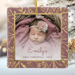 Babys 1st Christmas Photo Gold Foliage Dusty Rose Ceramic Ornament<br><div class="desc">Celebrate baby's first Christmas with this beautiful keepsake ornament. Easily replace the sample image with your own favorite photo and customize it with baby's name in teal blue script font and the year below. A white gradient screen helps make the text pop. The photo is set off by an elegant...</div>