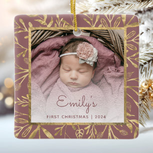 Babys 1st Christmas Photo Gold Foliage Dusty Rose Ceramic Ornament