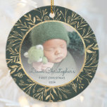 Babys 1st Christmas Photo Gold Foliage Green Round Ceramic Ornament<br><div class="desc">Celebrate baby's first Christmas with this beautiful keepsake ornament. Easily replace the sample image with your own favorite photo and customize it with baby's name in dark green script font and the year below. A white gradient screen helps make the text pop. The photo is set off by an elegant...</div>