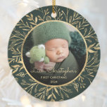 Babys 1st Christmas Photo Gold Foliage Green Round Ceramic Ornament<br><div class="desc">Celebrate baby's first Christmas with this beautiful keepsake ornament. Easily replace the sample image with your own favorite photo and customize it with baby's name in gold-colored script font and the year below. A black gradient screen helps make the text pop. The photo is set off by an elegant round...</div>