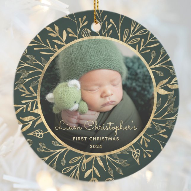 Babys 1st Christmas Photo Gold Foliage Green Round Ceramic Ornament (Creator Uploaded)