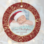 Babys 1st Christmas Photo Gold Foliage Red Round Ceramic Ornament<br><div class="desc">Celebrate baby's first Christmas with this beautiful keepsake ornament. Easily replace the sample image with your own favorite photo and customize it with baby's name in red script font and the year below. A white gradient screen helps make the text pop. The photo is set off by an elegant round...</div>