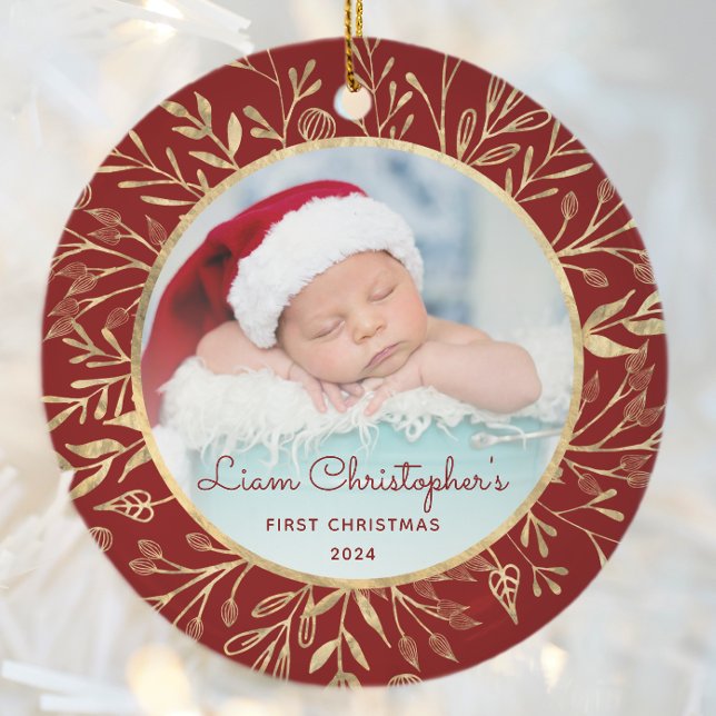Babys 1st Christmas Photo Gold Foliage Red Round Ceramic Ornament (Creator Uploaded)