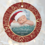 Babys 1st Christmas Photo Gold Foliage Red Round Ceramic Ornament<br><div class="desc">Celebrate baby's first Christmas with this beautiful keepsake ornament. Easily replace the sample image with your own favorite photo and customize it with baby's name in white script font and the year below. A black gradient screen helps make the text pop. The photo is set off by an elegant round...</div>