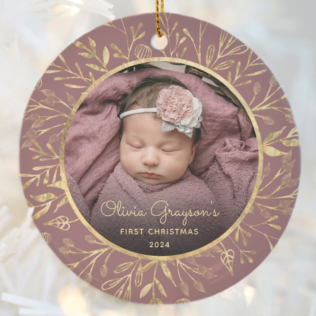 Babys 1st Christmas Photo Gold Foliage Rose Round Ceramic Ornament (Creator Uploaded)