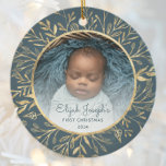 Babys 1st Christmas Photo Gold Foliage Teal Round Ceramic Ornament<br><div class="desc">Celebrate baby's first Christmas with this beautiful keepsake ornament. Easily replace the sample image with your own favorite photo and customize it with baby's name in teal blue script font and the year below. A white gradient screen helps make the text pop. The photo is set off by an elegant...</div>