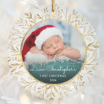 Babys 1st Christmas Photo Gold Foliage White Round Ceramic Ornament<br><div class="desc">Celebrate baby's first Christmas with this beautiful keepsake ornament. Easily replace the sample image with your own favorite photo and customize it with baby's name in white script font and the year below. A black gradient screen helps make the text pop. The photo is set off by an elegant round...</div>