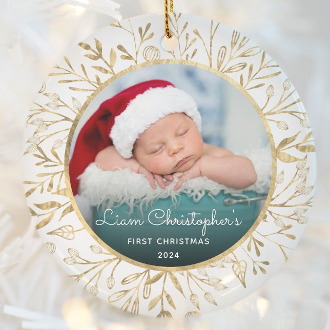 Babys 1st Christmas Photo Gold Foliage White Round Ceramic Ornament (Creator Uploaded)