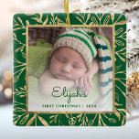 Babys 1st Christmas Photo Green Gold Foliage Ceramic Ornament<br><div class="desc">Celebrate baby's first Christmas with this beautiful keepsake ornament. Easily replace the sample image with your own favorite photo and customize it with baby's name in green script font and the year below. A white gradient screen helps make the text pop. The photo is set off by an elegant square...</div>