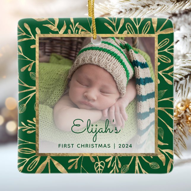Babys 1st Christmas Photo Green Gold Foliage Ceramic Ornament (Creator Uploaded)
