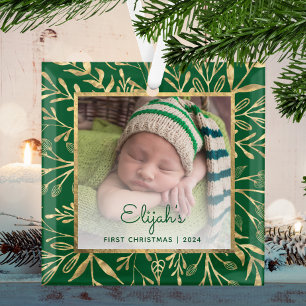 Babys 1st Christmas Photo Green Gold Foliage Glass Ornament