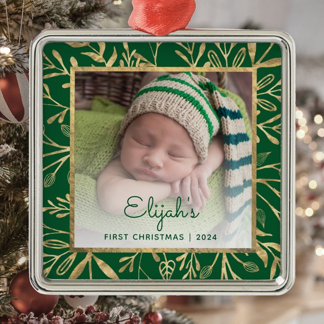 Babys 1st Christmas Photo Green Gold Foliage Metal Ornament (Creator Uploaded)