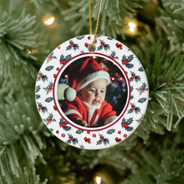 Baby's 1st Christmas Photo  Holly Berries on White Ceramic Ornament (Tree)