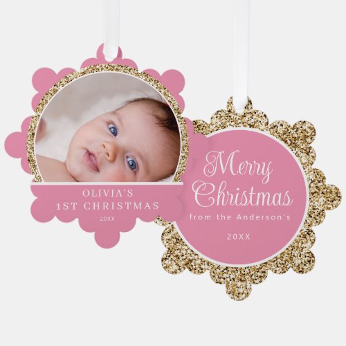 Babys 1st Christmas Photo Name Pink Gold Greeting Ornament Card