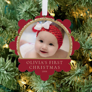 Baby's 1st Christmas Photo Name Red Gold  Ornament Card