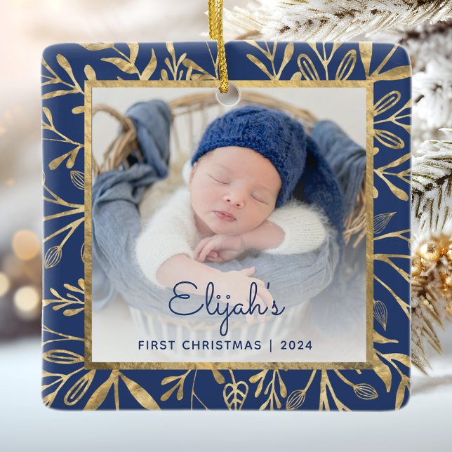 Babys 1st Christmas Photo Navy Blue Gold Foliage Ceramic Ornament (Creator Uploaded)