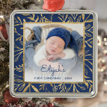 Babys 1st Christmas Photo Navy Blue Gold Foliage Metal Ornament<br><div class="desc">Celebrate baby's first Christmas with this beautiful keepsake ornament. Easily replace the sample image with your own favorite photo and customize it with baby's name in navy blue script font and the year below. A white gradient screen helps make the text pop. The photo is set off by an elegant...</div>