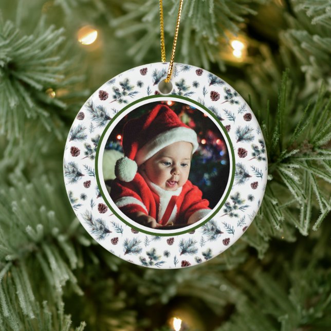 Baby's 1st Christmas Photo  Pine Cones on White Ceramic Ornament (Tree)