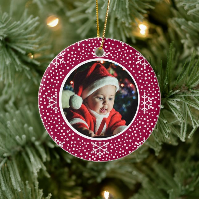 Baby's 1st Christmas Photo Red White Snowflakes Ceramic Ornament (Tree)