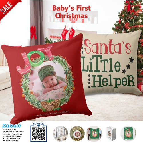 Babys 1st Christmas PHOTO Santas Littler Helper Throw Pillow