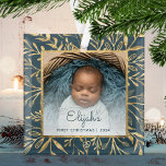 Babys 1st Christmas Photo Teal Blue Gold Foliage Glass Ornament<br><div class="desc">Celebrate baby's first Christmas with this beautiful keepsake ornament. Easily replace the sample image with your own favorite photo and customize it with baby's name in teal blue script font and the year below. A white gradient screen helps make the text pop. The photo is set off by an elegant...</div>