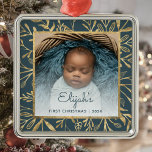 Babys 1st Christmas Photo Teal Blue Gold Foliage Metal Ornament<br><div class="desc">Celebrate baby's first Christmas with this beautiful keepsake ornament. Easily replace the sample image with your own favorite photo and customize it with baby's name in teal blue script font and the year below. A white gradient screen helps make the text pop. The photo is set off by an elegant...</div>