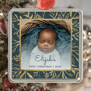 Babys 1st Christmas Photo Teal Blue Gold Foliage Metal Ornament