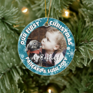 Baby's 1st Christmas Photo with Pet Bestie Blue Ceramic Ornament