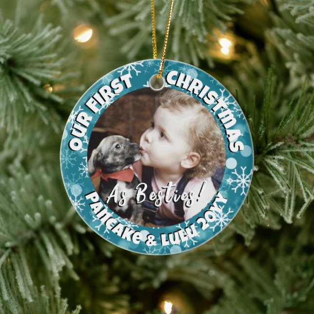 Baby's 1st Christmas Photo with Pet Bestie Blue Ceramic Ornament (Tree)