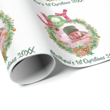 Babys 1st Christmas PHOTO Wreath Named Keepsake Wrapping Paper