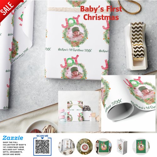 Babys 1st Christmas PHOTO Wreath Named Keepsake Wrapping Paper