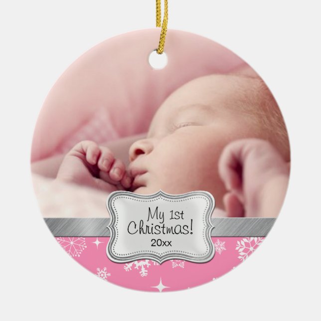 Baby's 1st Christmas.  Pink and White Snowflakes Ceramic Ornament (Front)